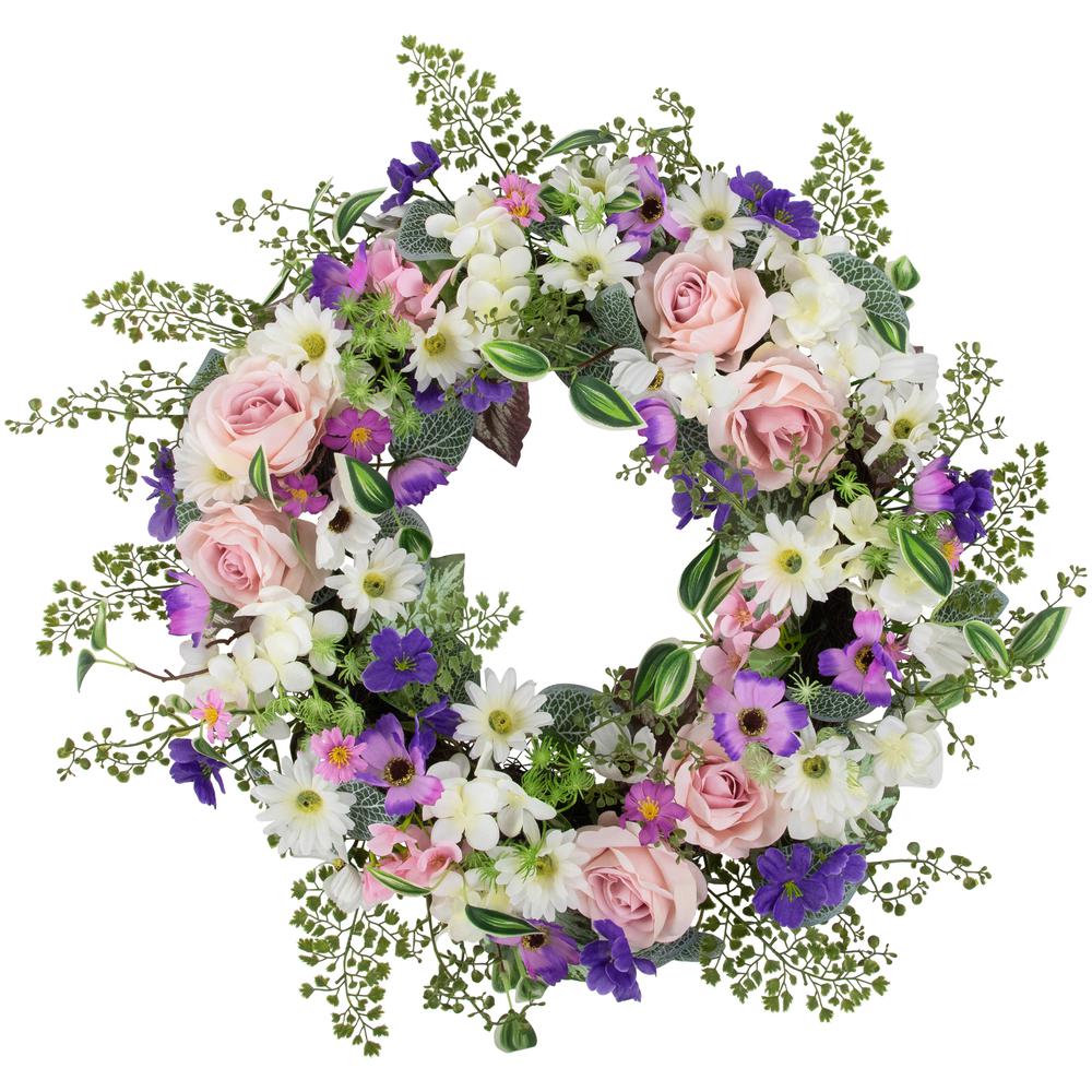 Mixed Floral and Fern Artificial Spring Wreath  24-Inch. Picture 1