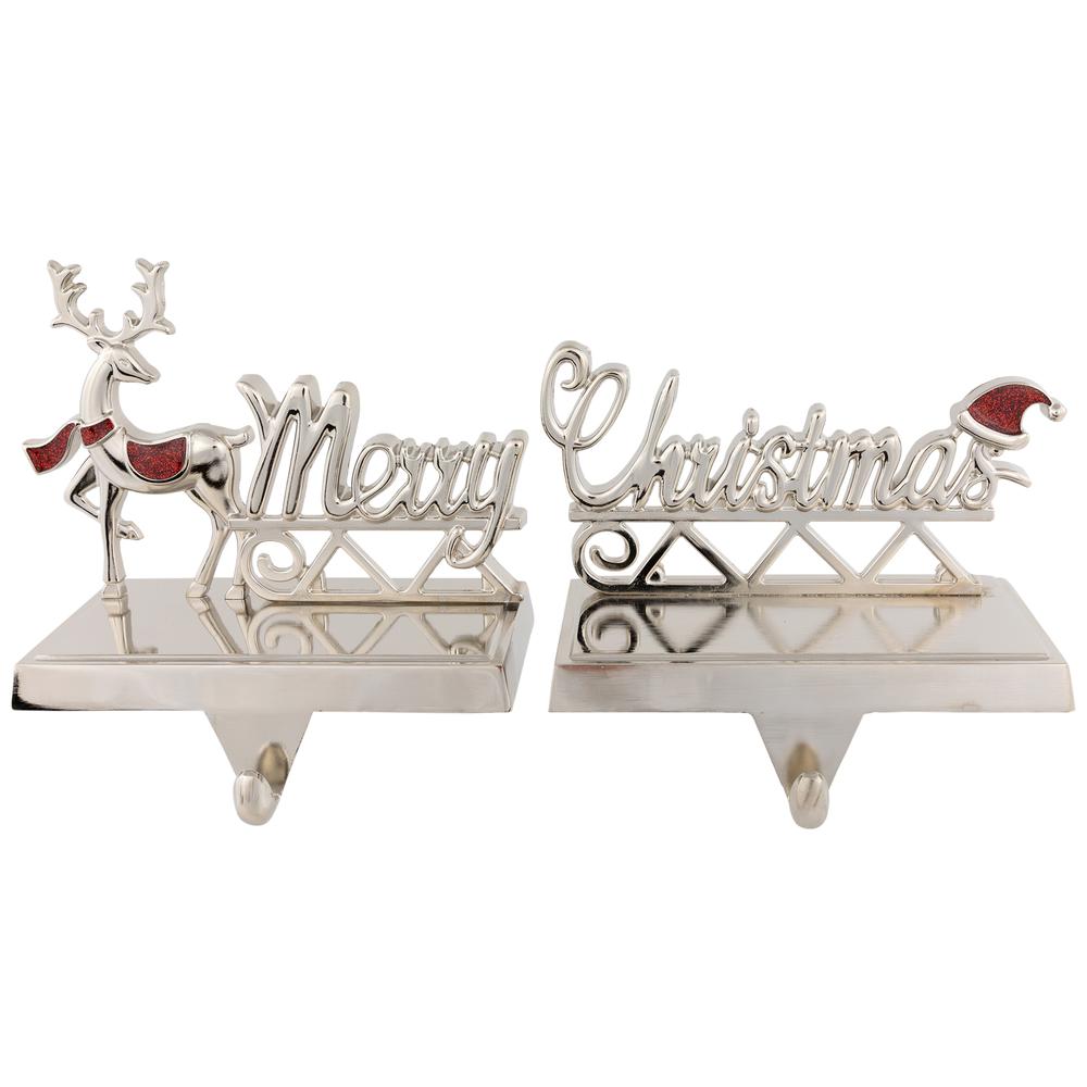Set of 2 Silver Reindeer Merry Christmas Metal Stocking Holders 5.5". Picture 1