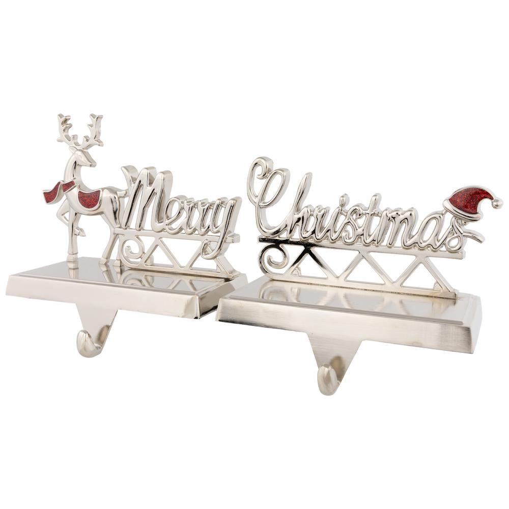 Set of 2 Silver Reindeer Merry Christmas Metal Stocking Holders 5.5". Picture 4