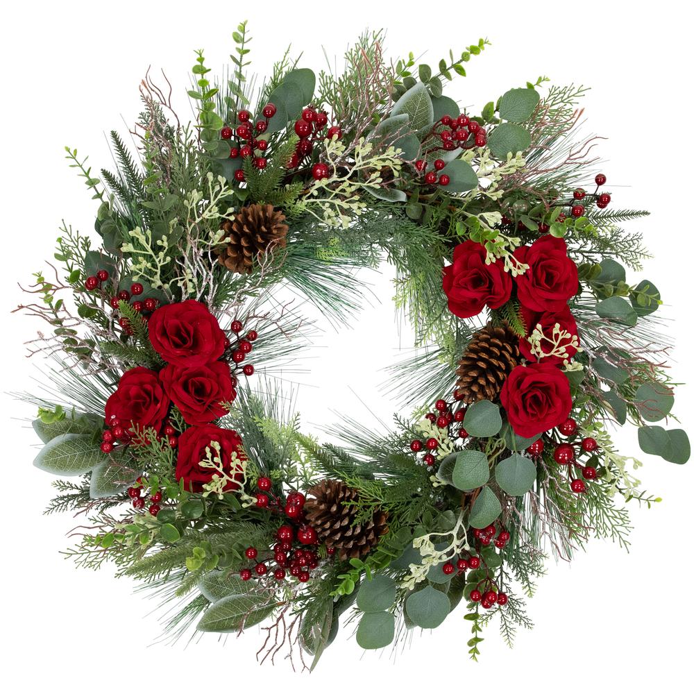 Mixed Foliage Roses and Berries Artificial Christmas Wreath - 30"  Unlit. Picture 1