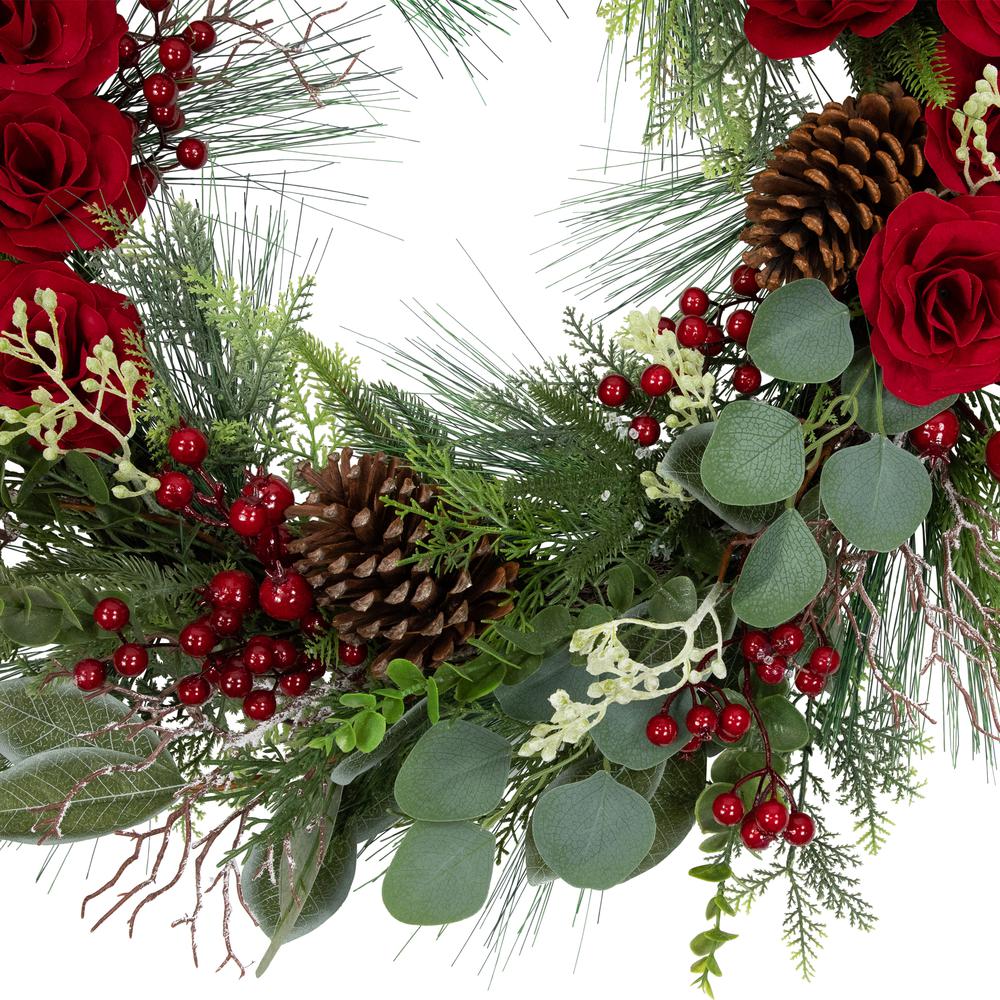 Mixed Foliage Roses and Berries Artificial Christmas Wreath - 30"  Unlit. Picture 4