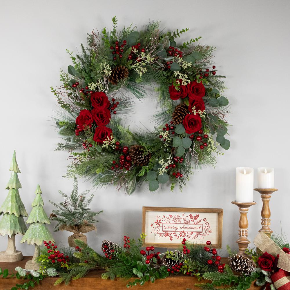 Mixed Foliage Roses and Berries Artificial Christmas Wreath - 30"  Unlit. Picture 2
