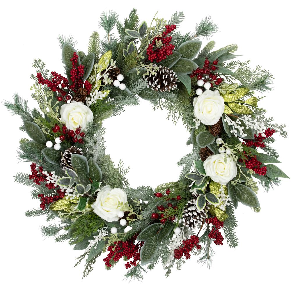 30" Mixed Foliage White Roses Artificial Christmas Wreath  Unlit. Picture 1
