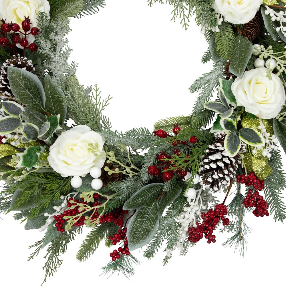 30" Mixed Foliage White Roses Artificial Christmas Wreath  Unlit. Picture 4