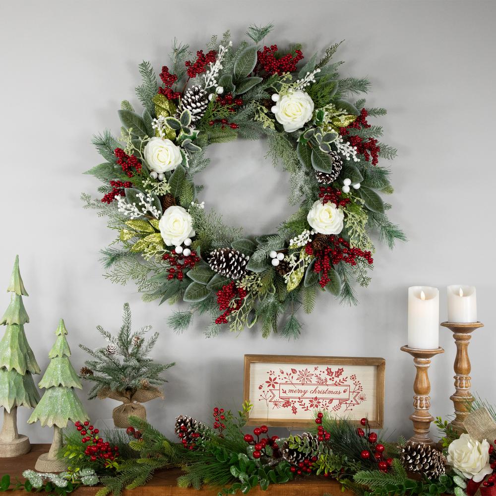 30" Mixed Foliage White Roses Artificial Christmas Wreath  Unlit. Picture 3