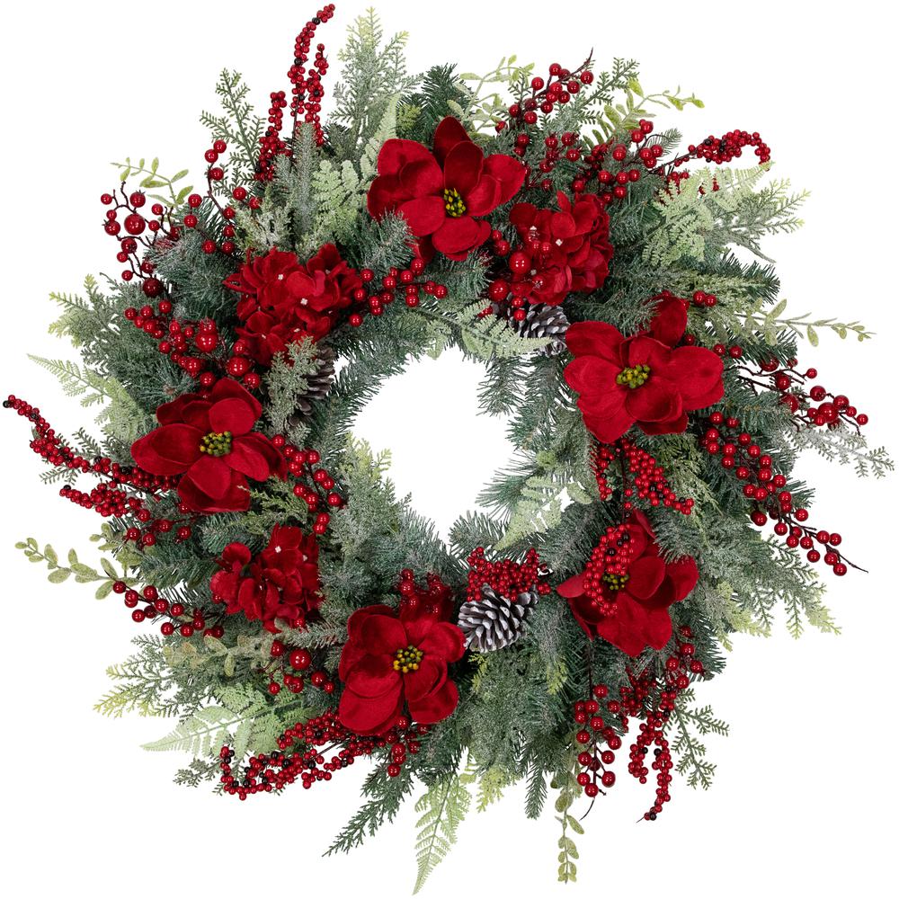 39" Red Poinsettias and Pinecones Artificial Christmas Wreath  Unlit. Picture 1