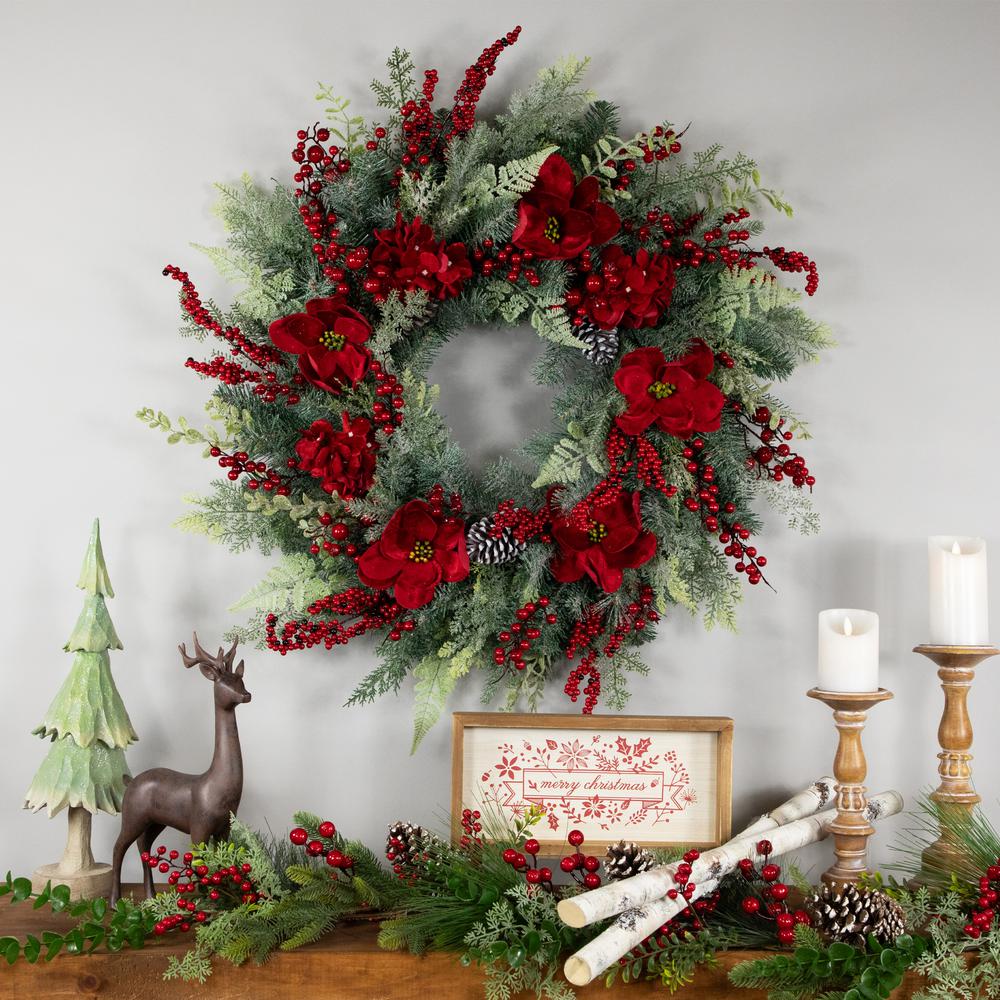 39" Red Poinsettias and Pinecones Artificial Christmas Wreath  Unlit. Picture 2