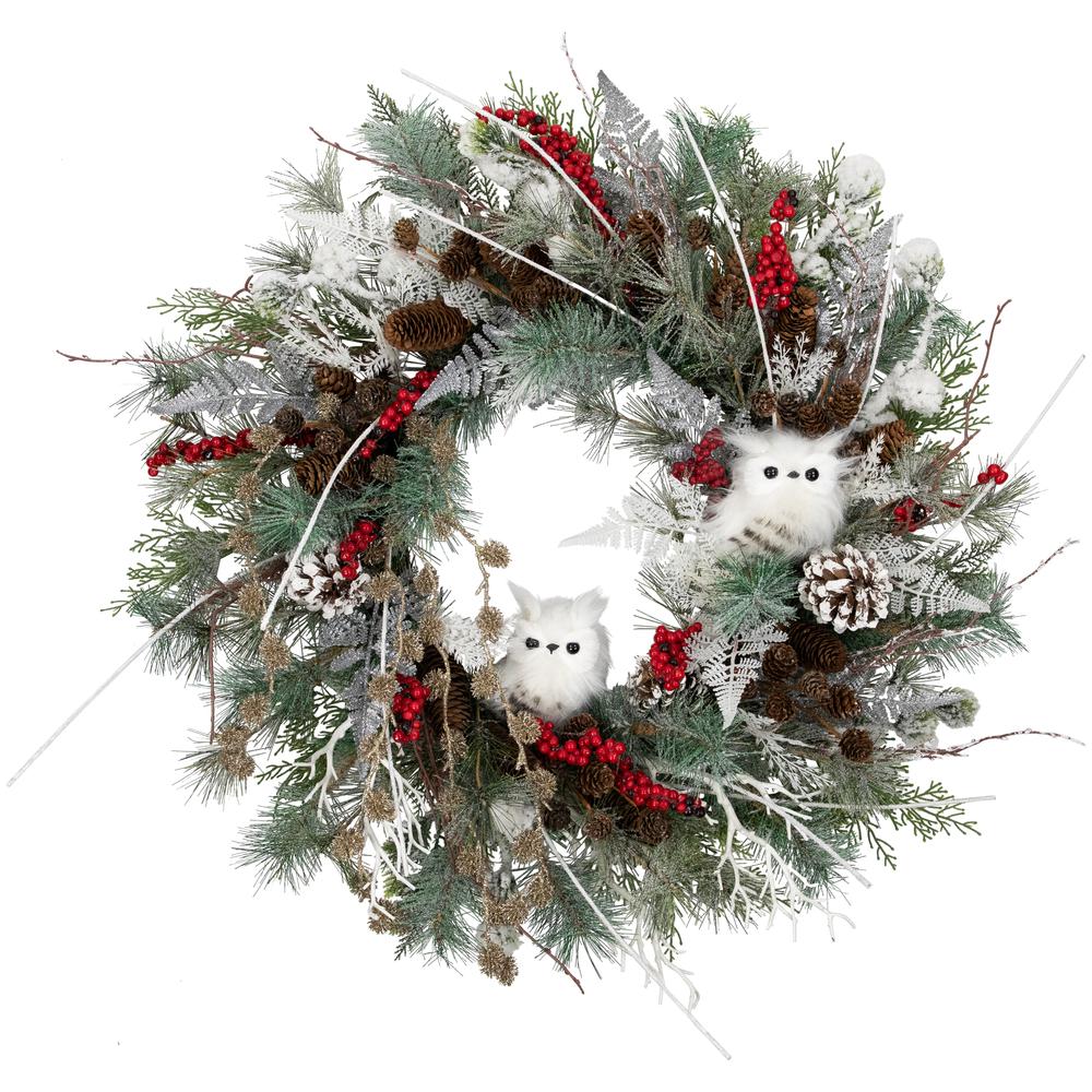 34" Snowy Pine Owls and Berries Artificial Christmas Wreath - Unlit. Picture 1