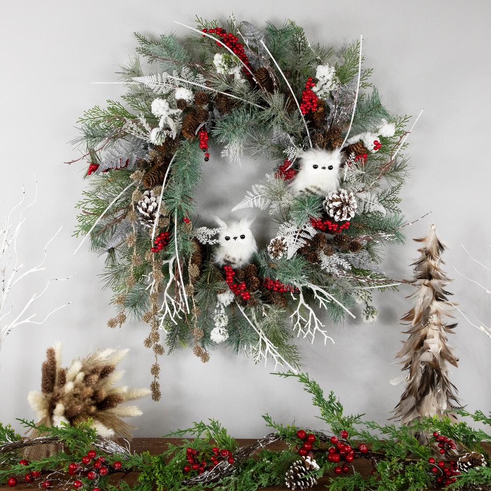 34" Snowy Pine Owls and Berries Artificial Christmas Wreath - Unlit. Picture 3
