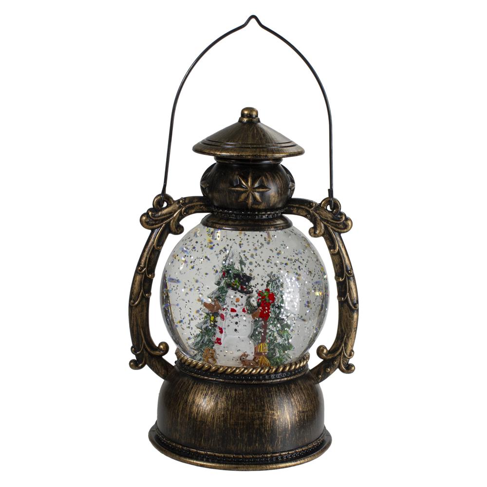 8-Inch Black with Brushed Gold LED Snowman and Christmas Trees Snow Globe Lantern. Picture 1