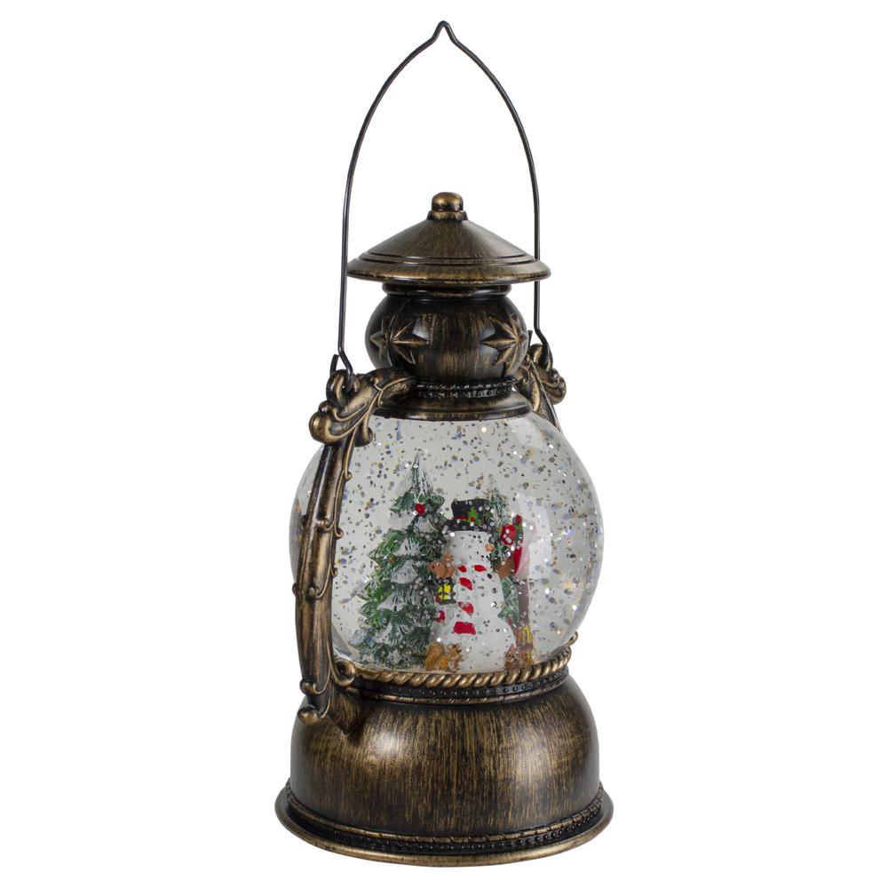 8-Inch Black with Brushed Gold LED Snowman and Christmas Trees Snow Globe Lantern. Picture 5