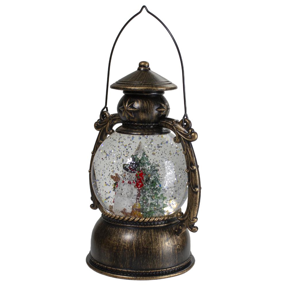 8-Inch Black with Brushed Gold LED Snowman and Christmas Trees Snow Globe Lantern. Picture 4