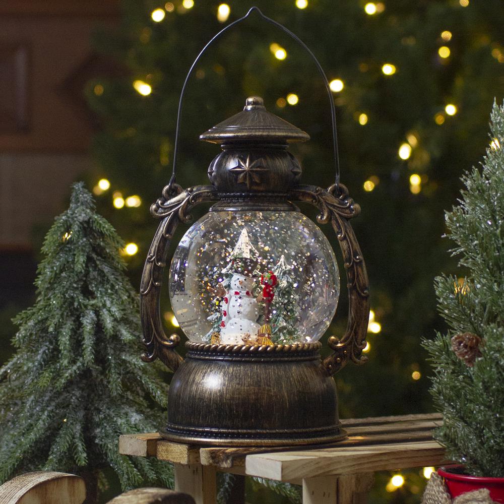 8-Inch Black with Brushed Gold LED Snowman and Christmas Trees Snow Globe Lantern. Picture 2