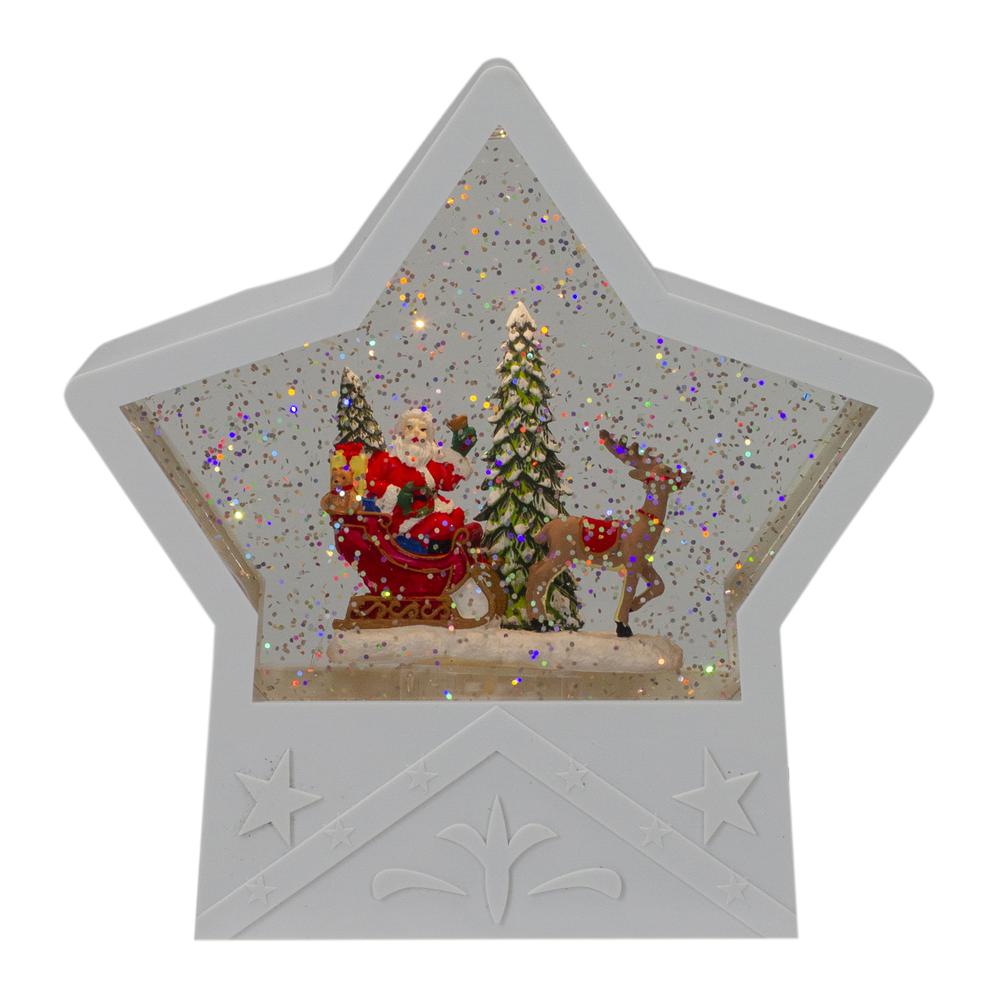 7" Lighted White Star Christmas Snow Globe with Santa in Sleigh. The main picture.
