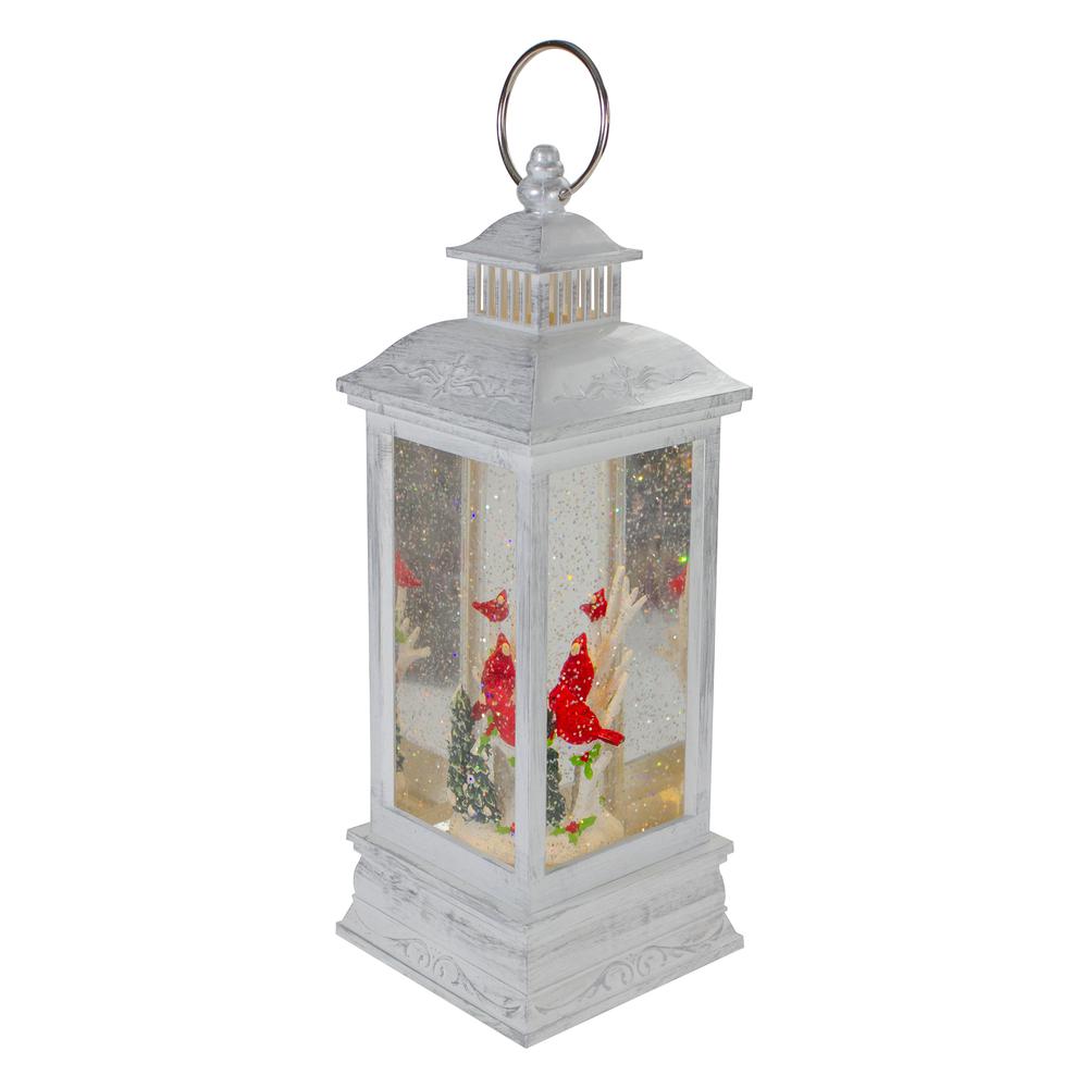 11" White and Brushed Silver Christmas Cardinals Snow Globe Lantern. Picture 3