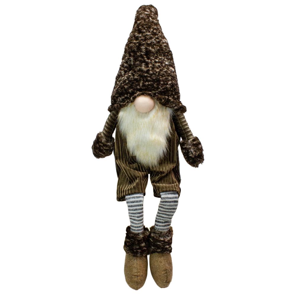 34" Brown and Gray Sitting Christmas Gnome with Striped dangling Legs. Picture 1