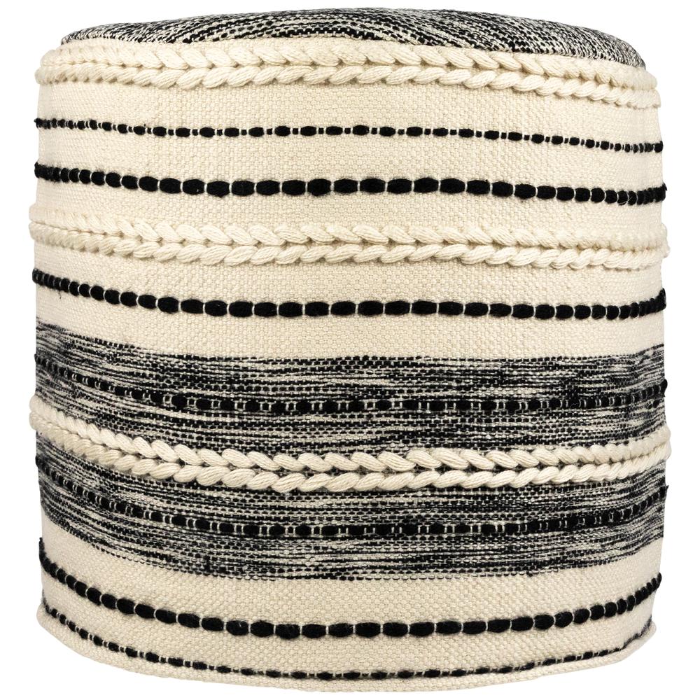 18" Striped Cream and Black Outdoor Woven Pouf Ottoman. Picture 1