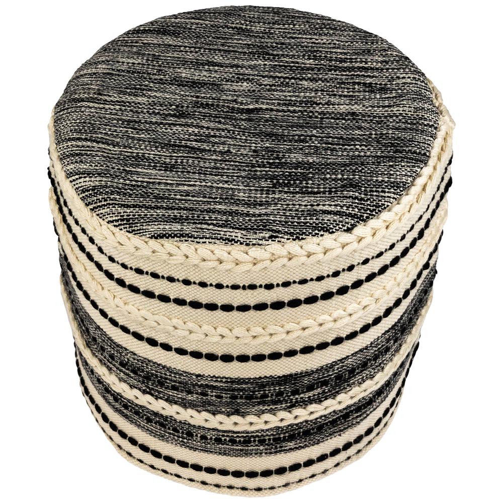 18" Striped Cream and Black Outdoor Woven Pouf Ottoman. Picture 2
