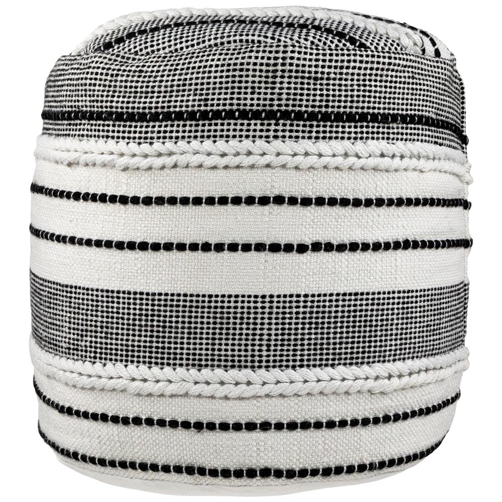 18" White and Black Striped Outdoor Woven Pouf Ottoman. Picture 1