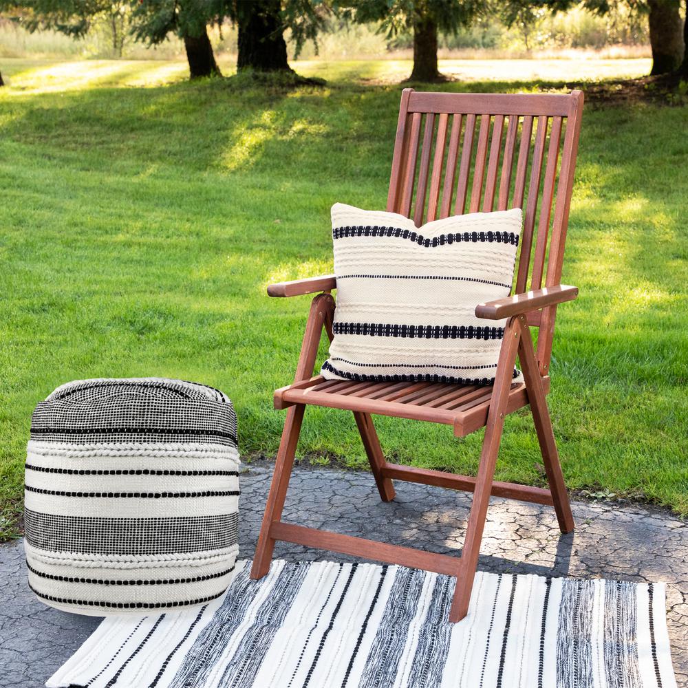 18" White and Black Striped Outdoor Woven Pouf Ottoman. Picture 4