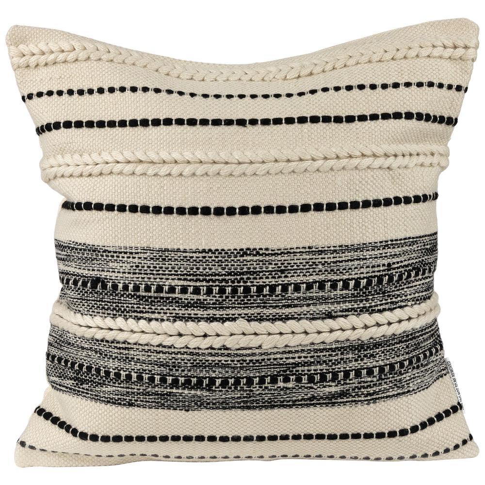 20" Cream and Black Twisted Textured Block Handloom Outdoor Square Throw Pillow. Picture 1