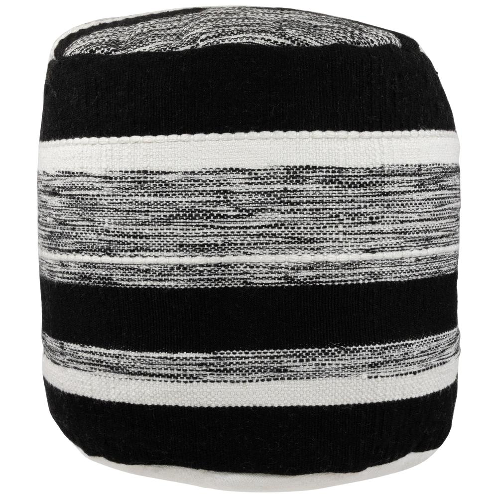 18" Black and White Striped Outdoor Woven Pouf Ottoman. Picture 1