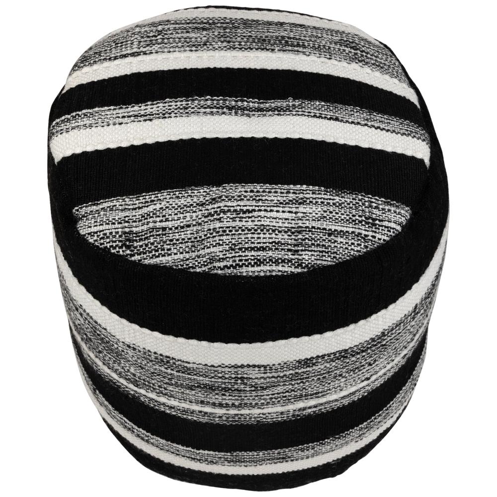 18" Black and White Striped Outdoor Woven Pouf Ottoman. Picture 2