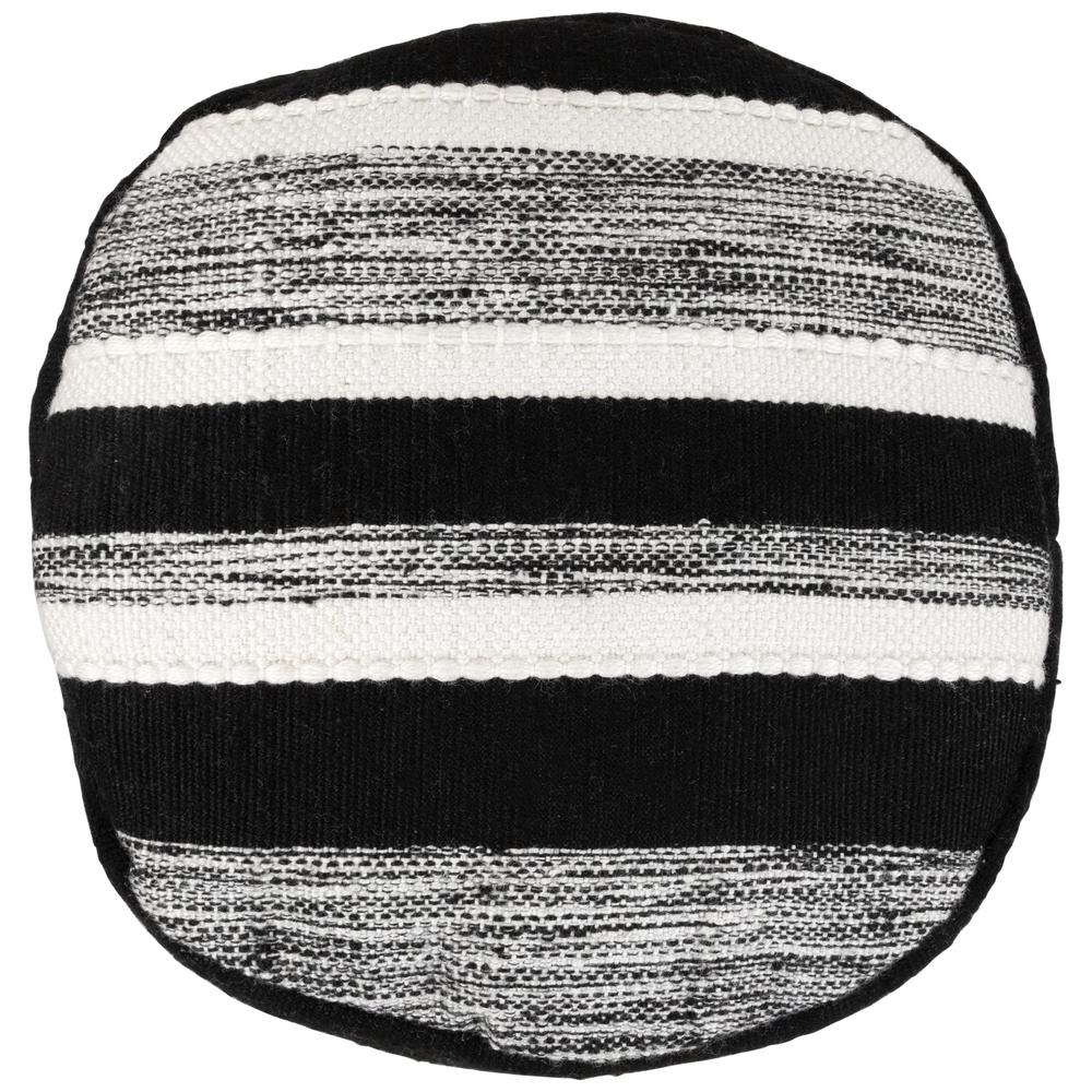 18" Black and White Striped Outdoor Woven Pouf Ottoman. Picture 3