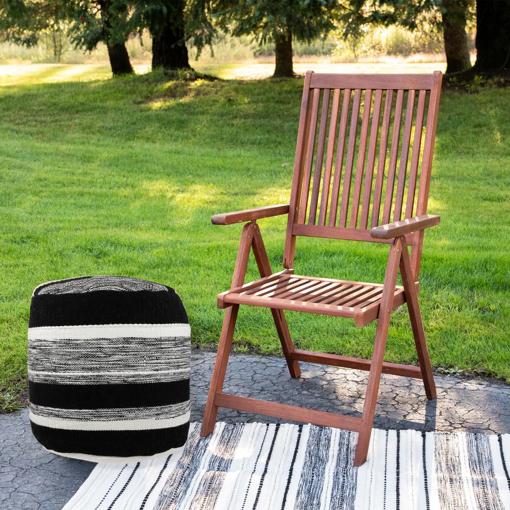 18" Black and White Striped Outdoor Woven Pouf Ottoman. Picture 4