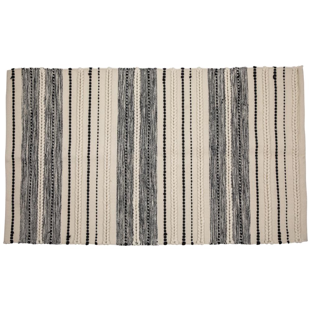 3.5' x 2.25' Cream and Black Twisted Textured Handloom Woven Outdoor Throw Rug. Picture 1