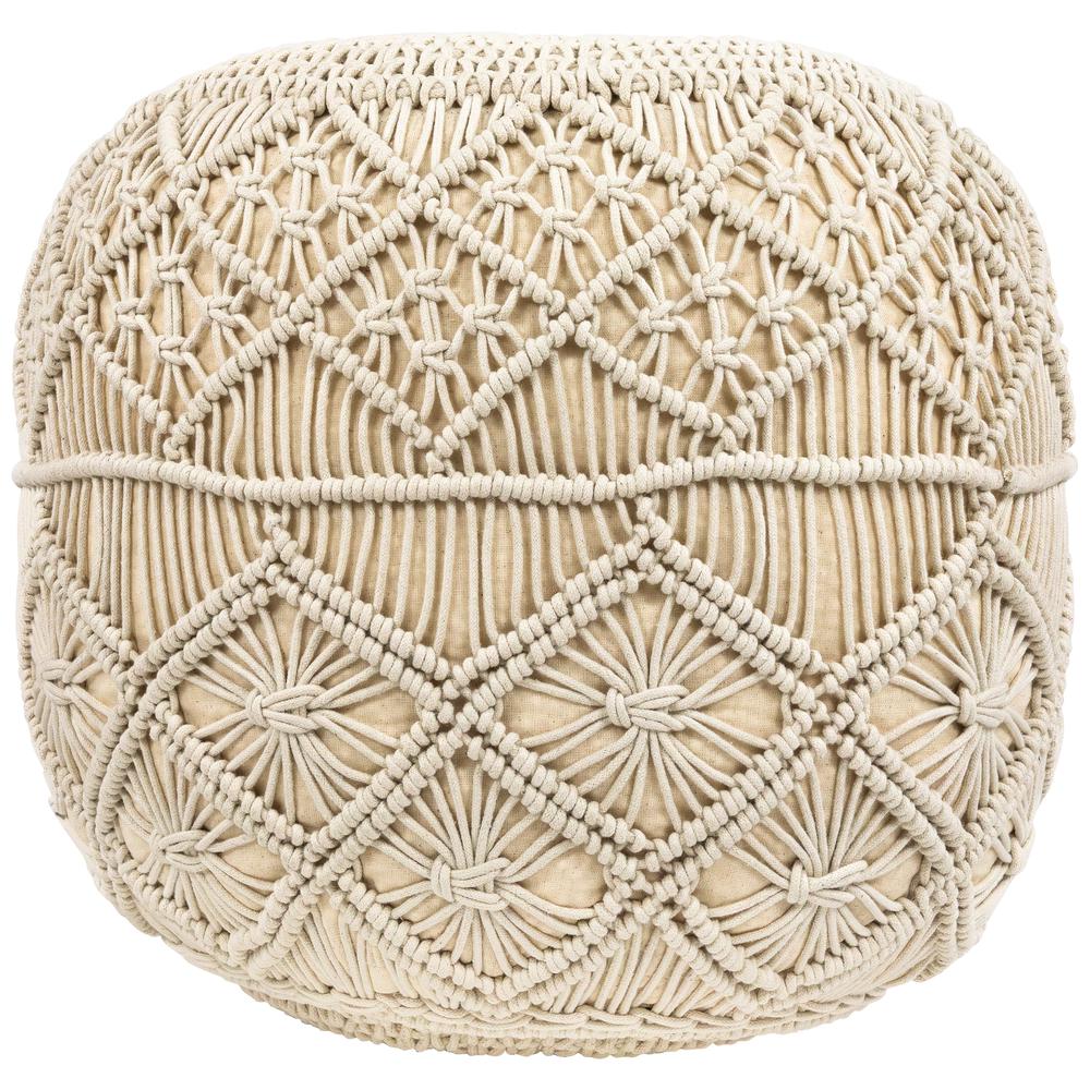18" Solid Cream Macrame Round Handmade Natural Cotton Pouf. Picture 1