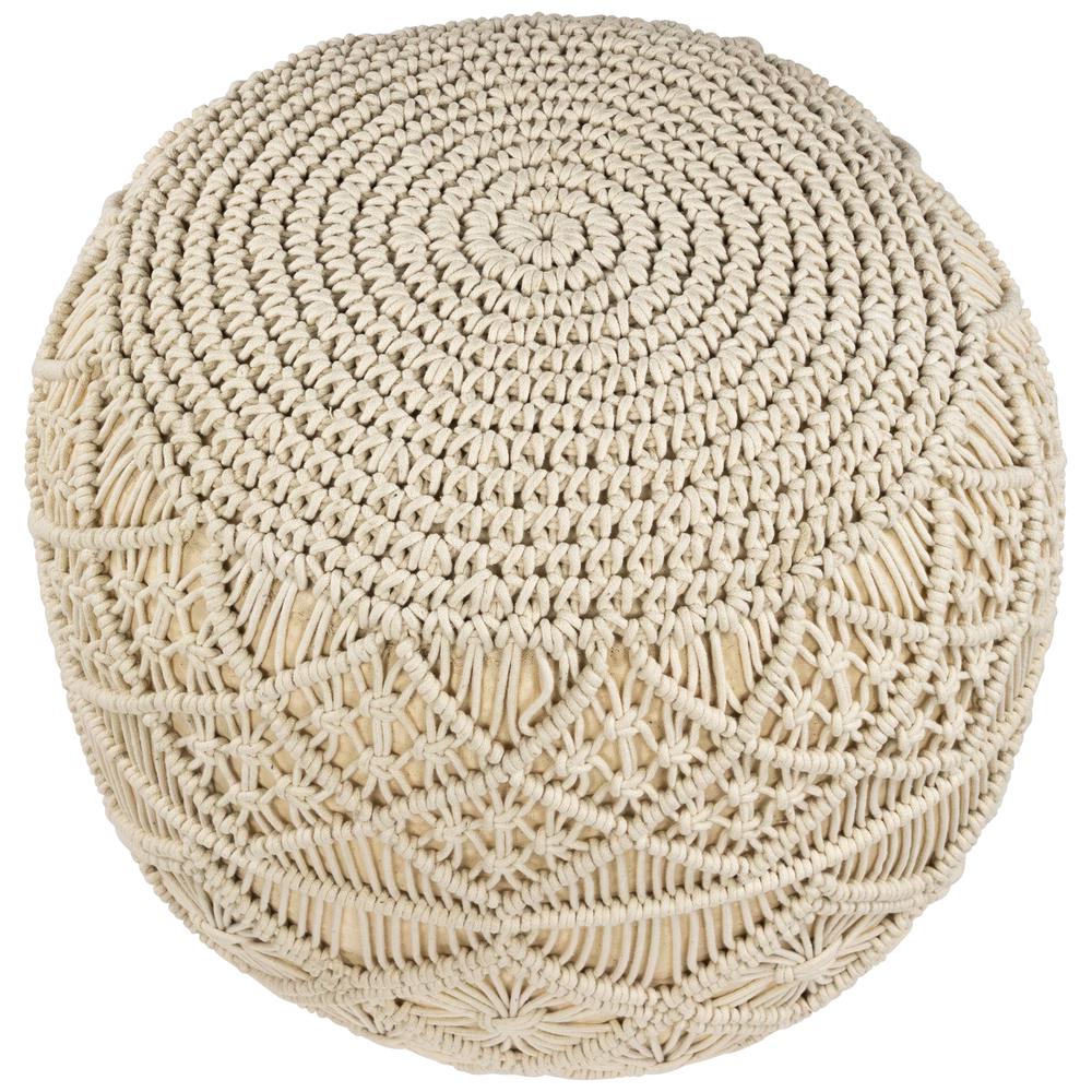 18" Solid Cream Macrame Round Handmade Natural Cotton Pouf. Picture 3