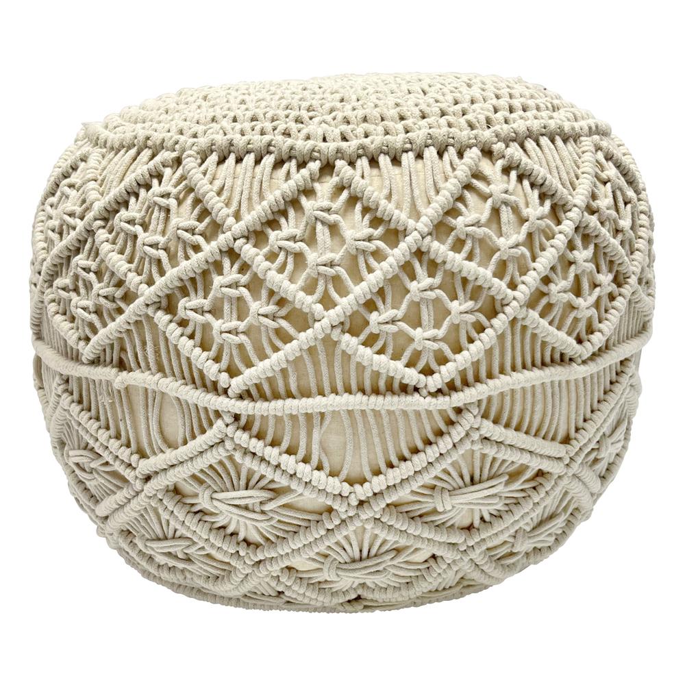 18" Solid Cream Macrame Round Handmade Natural Cotton Pouf. Picture 2