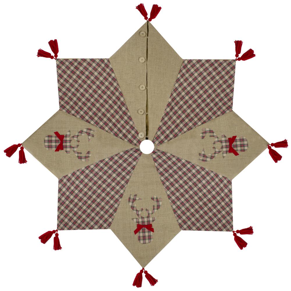 48" Red and Brown Burlap and Plaid Reindeer Christmas Tree Skirt with Tassels. Picture 1