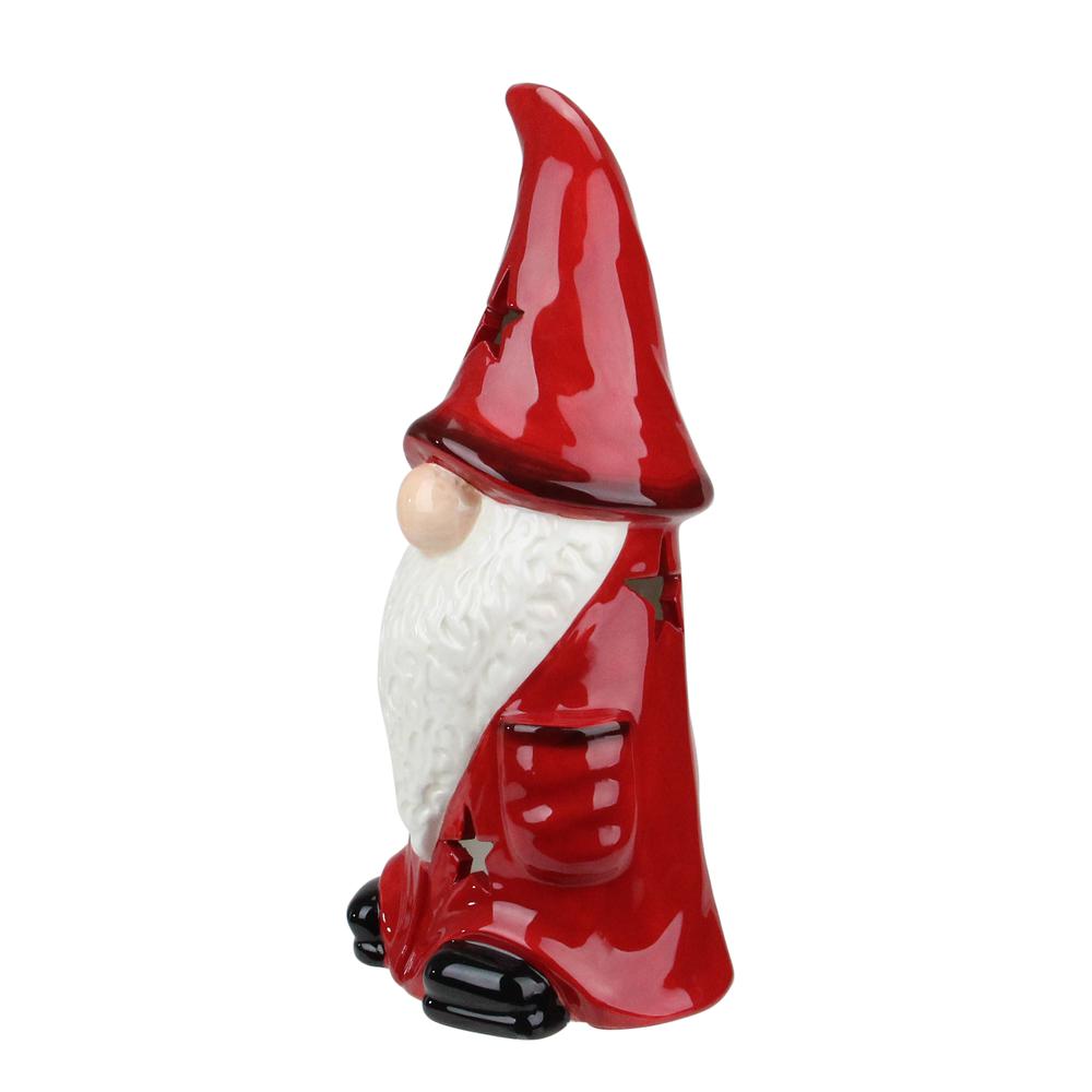9.75 Red Ceramic Christmas Star Gnome Tealight Candle Holder. Picture 2
