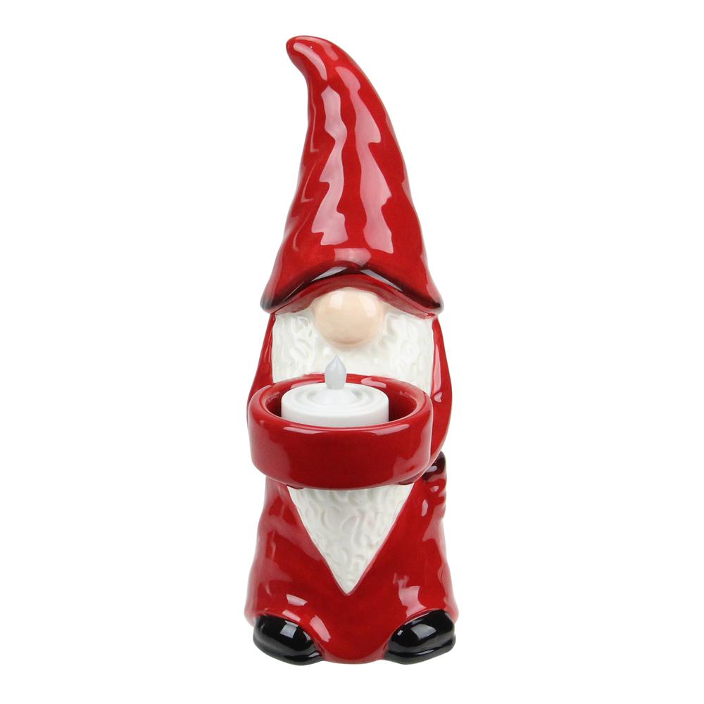 8.25" Red and White Ceramic Christmas Gnome Tealight Candle Holder. Picture 1