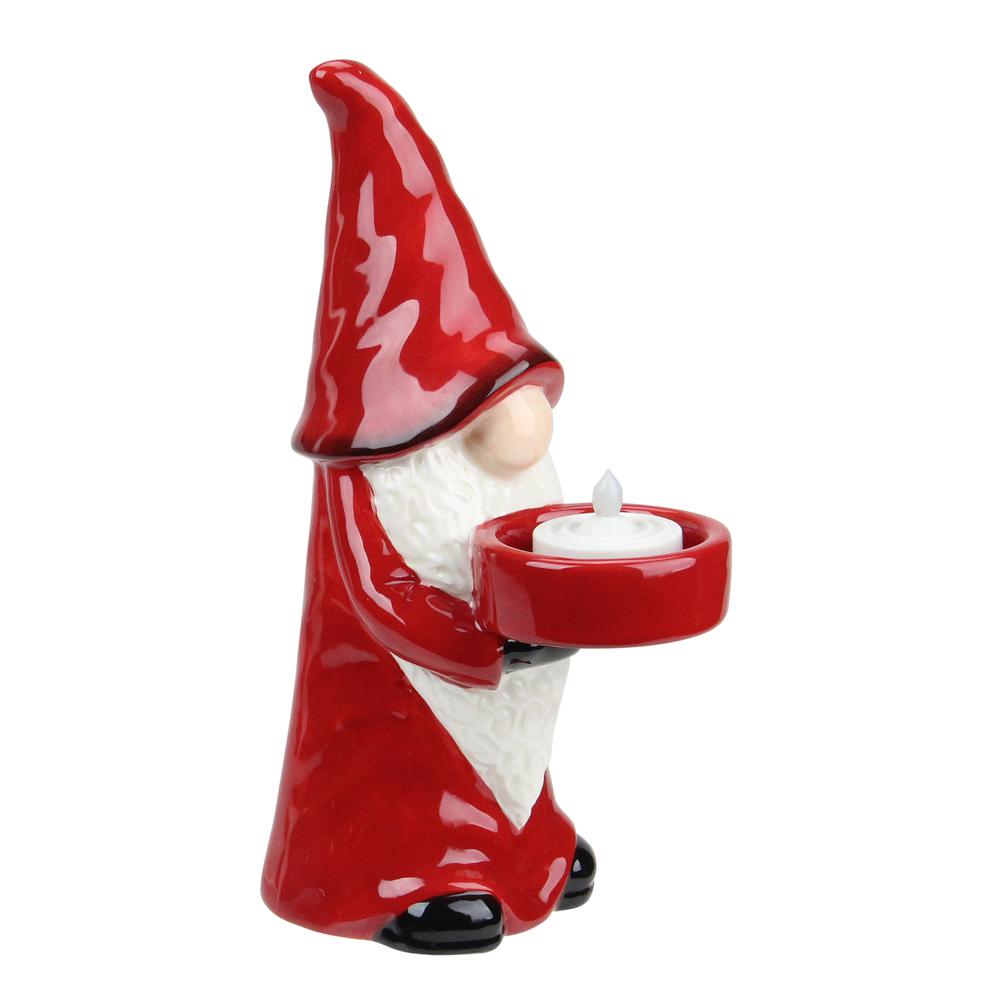 8.25" Red and White Ceramic Christmas Gnome Tealight Candle Holder. Picture 2