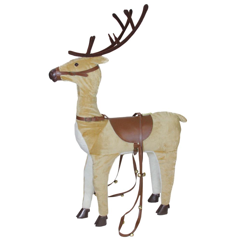 40" Plush Standing Reindeer Christmas Decoration with Saddle and Jingle Bells. Picture 2