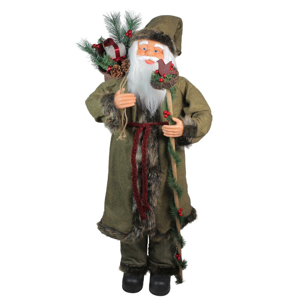 51" Olive Green and Burgundy Red Standing Santa Claus with Gift Bag Christmas Figurine. Picture 1