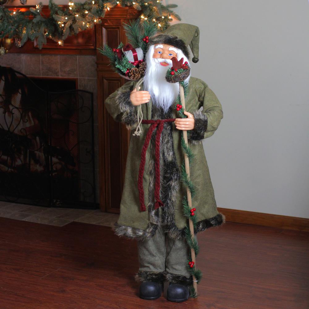 51" Olive Green and Burgundy Red Standing Santa Claus with Gift Bag Christmas Figurine. Picture 3