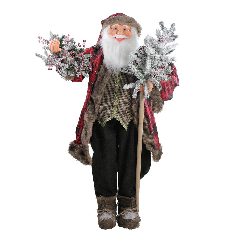 5' Red and Gray Standing Santa Claus Christmas Figurine with Flocked Alpine Tree. Picture 1