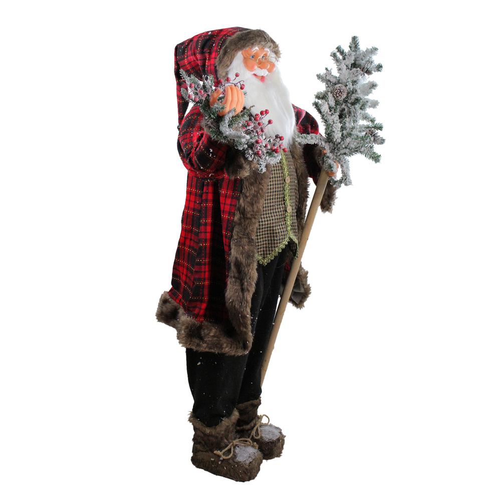5' Red and Gray Standing Santa Claus Christmas Figurine with Flocked Alpine Tree. Picture 2