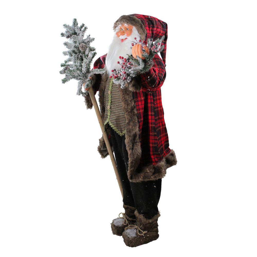 5' Red and Gray Standing Santa Claus Christmas Figurine with Flocked Alpine Tree. Picture 3