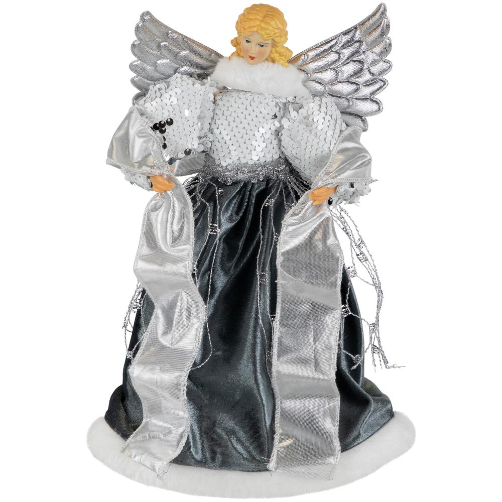 12" Slate and Metallic Silver Sequined Angel Christmas Tree Topper  Unlit. Picture 1
