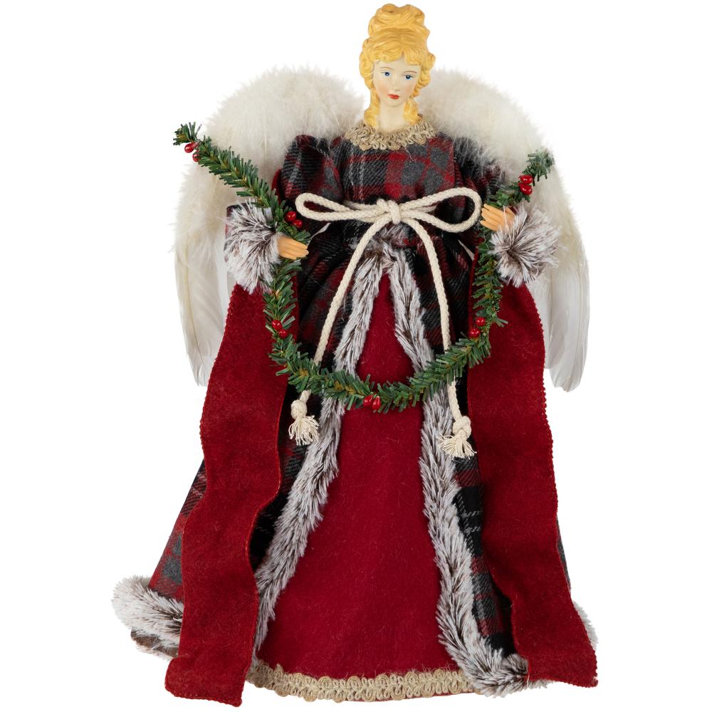 16" Red and Plaid Angel Christmas Tree Topper  Unlit. Picture 1