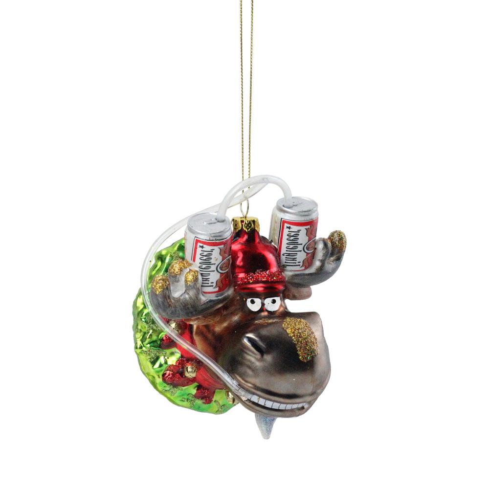 4.5" Gray and Red Moose with Beer Helmet Christmas Ornament. Picture 3