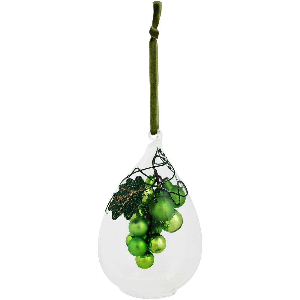 6" Green Grape Cluster in Teardrop Glass Cloche Christmas Ornament. Picture 3
