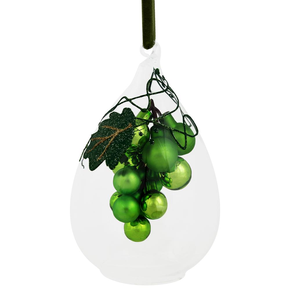 6" Green Grape Cluster in Teardrop Glass Cloche Christmas Ornament. Picture 1
