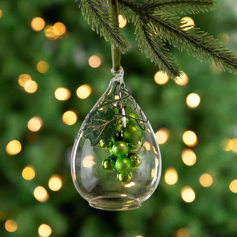 6" Green Grape Cluster in Teardrop Glass Cloche Christmas Ornament. Picture 2