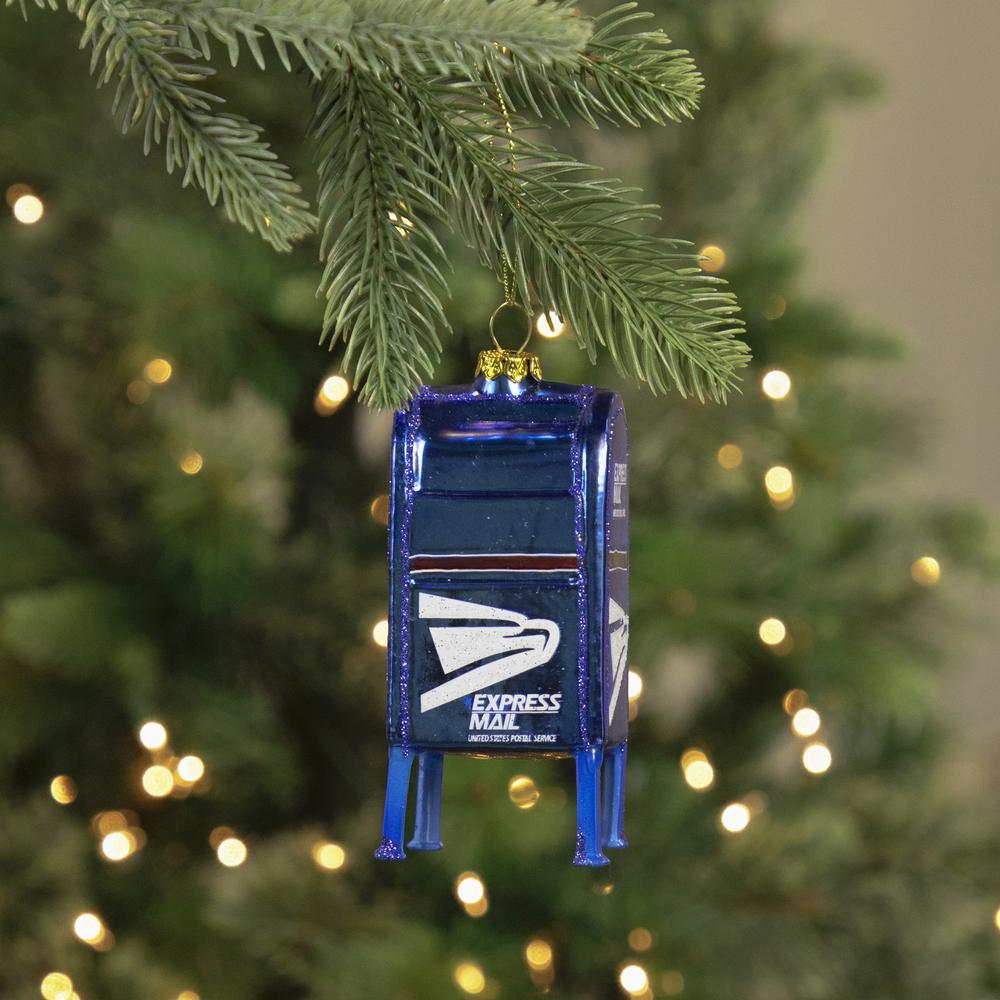 4.5" Shiny Blue Glittered Express Mail USPS Mailbox Glass Christmas Ornament. Picture 2
